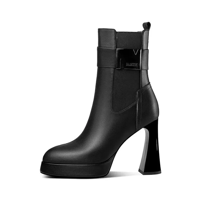 Chic Cow Leather Pointed Toe High Heeled Boots