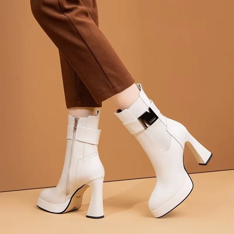 Chic Cow Leather Pointed Toe High Heeled Boots