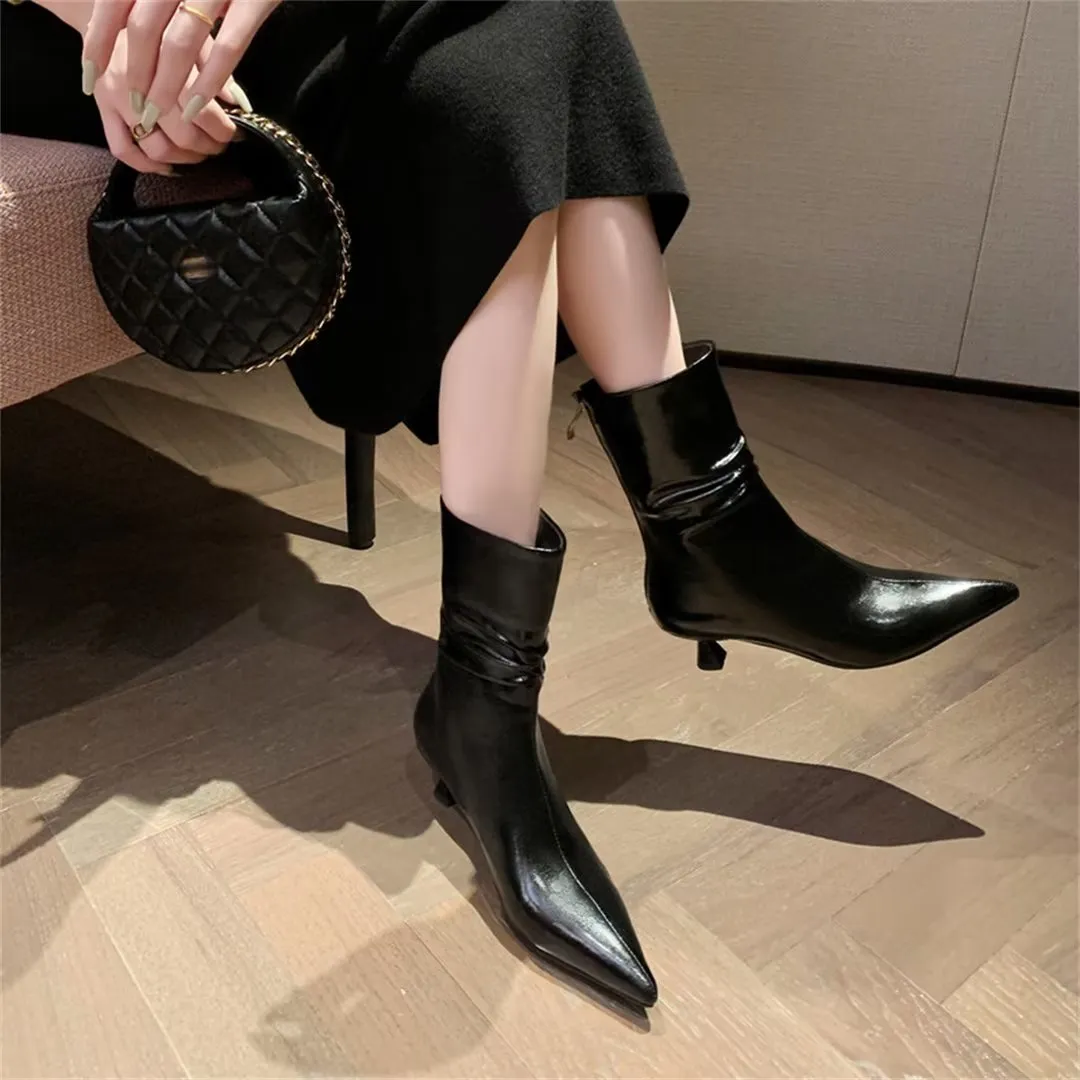 Elegant Cow Leather Pointed Toe Sky-High Heel Boots