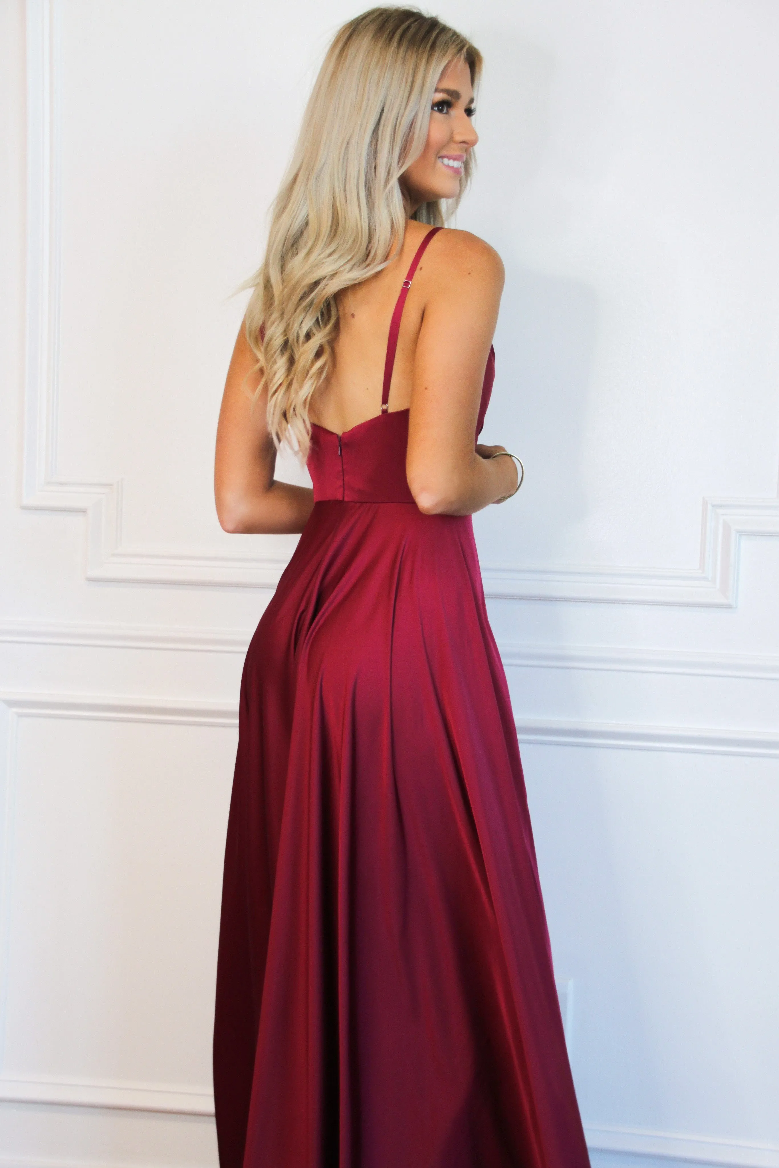 Ella Satin Slit Formal Dress: Burgundy