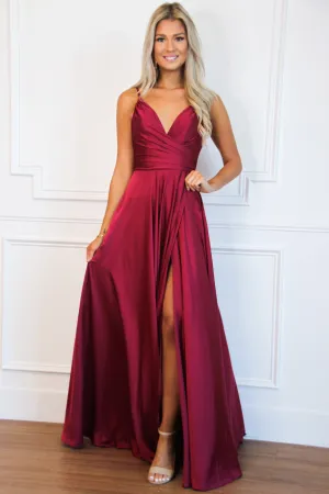 Ella Satin Slit Formal Dress: Burgundy