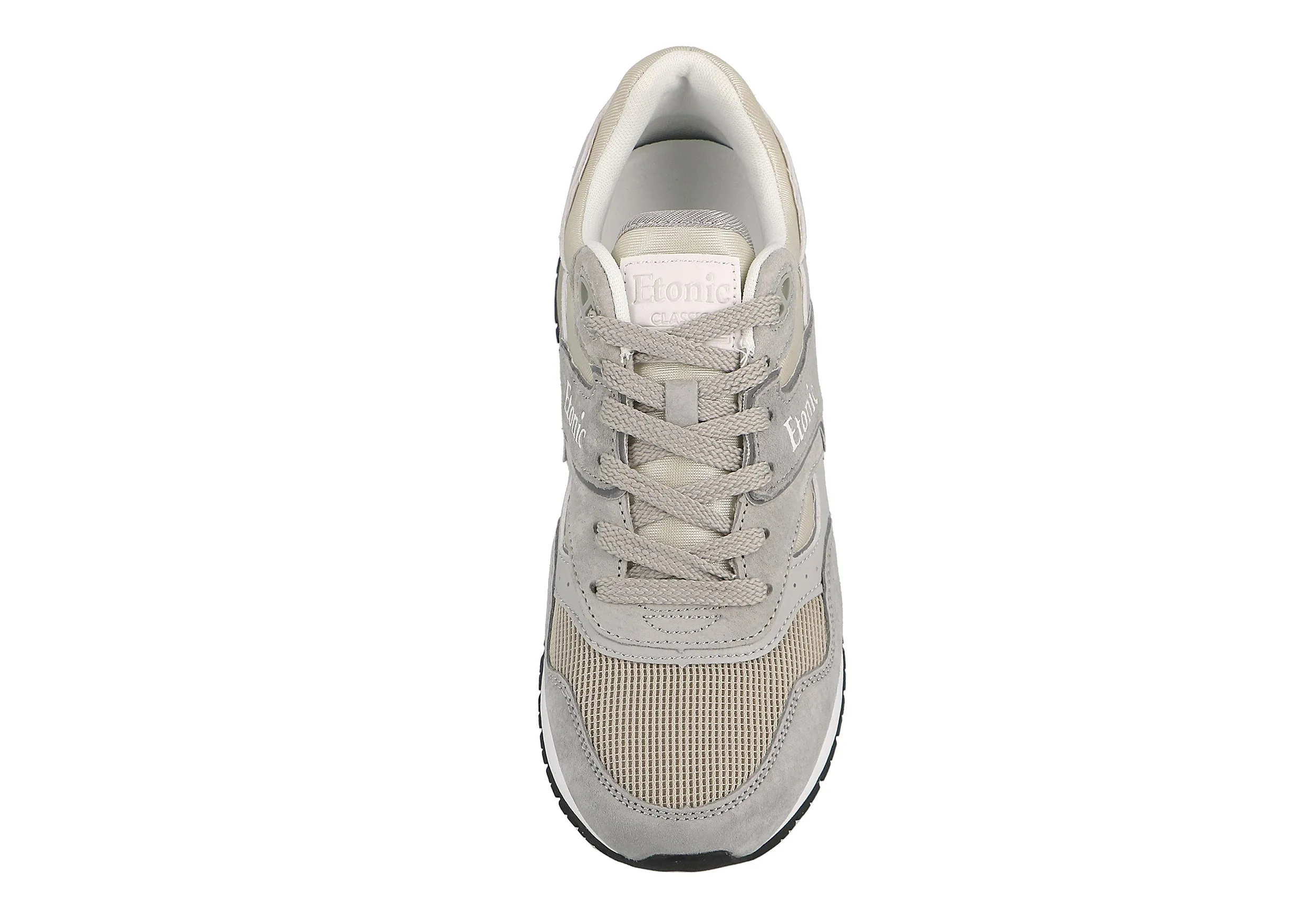 Etonic Stable Base sneakers in beige mesh fabric and grey suede with multi-layer light grey leather inserts.