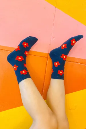 Flower Socks in Navy/Red