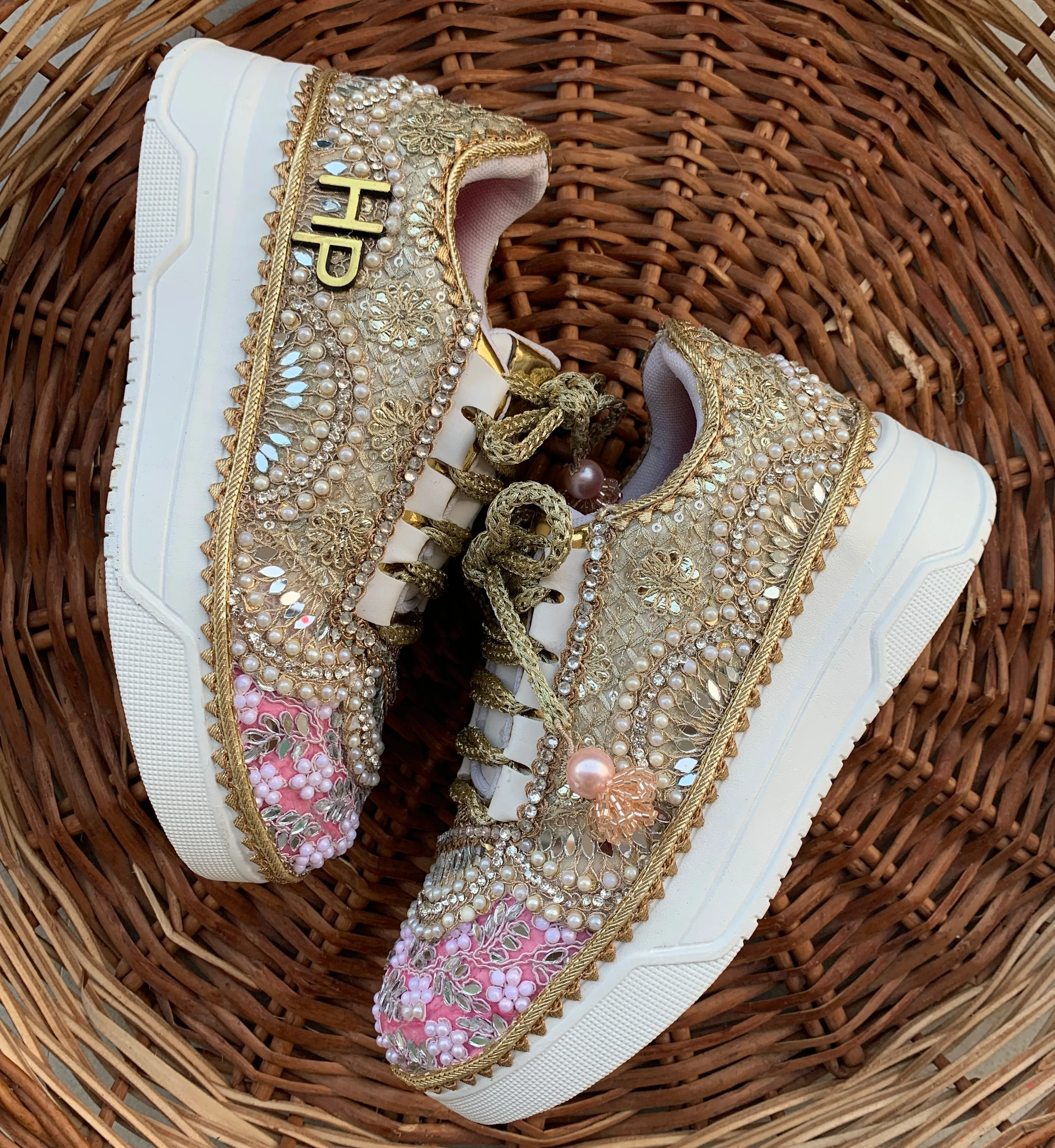 FUNKY N TRENDY baby pink and gold sneakers for brides / bridesmaids/ pink sneakers / baby pink sneakers / bridal sneakers / bridesmaid sneakers/ golden hand work sneakers/ pink shoes with custom name initials