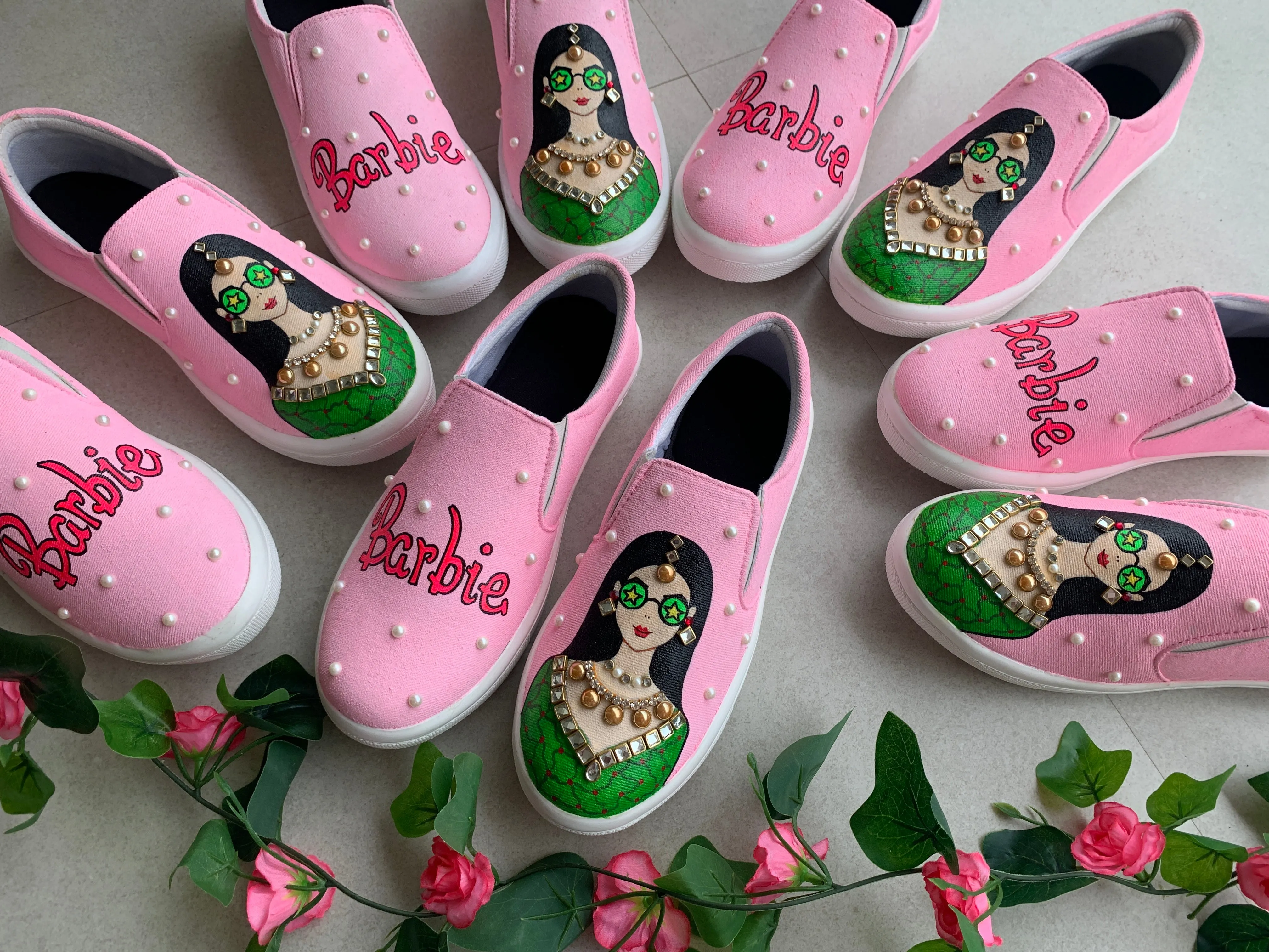 Funky N Trendy hand painted water resistant “Barbie” wedding theme shoes for bride/ bridesmaid/ pink shoes / pink sneakers / pink slip ons