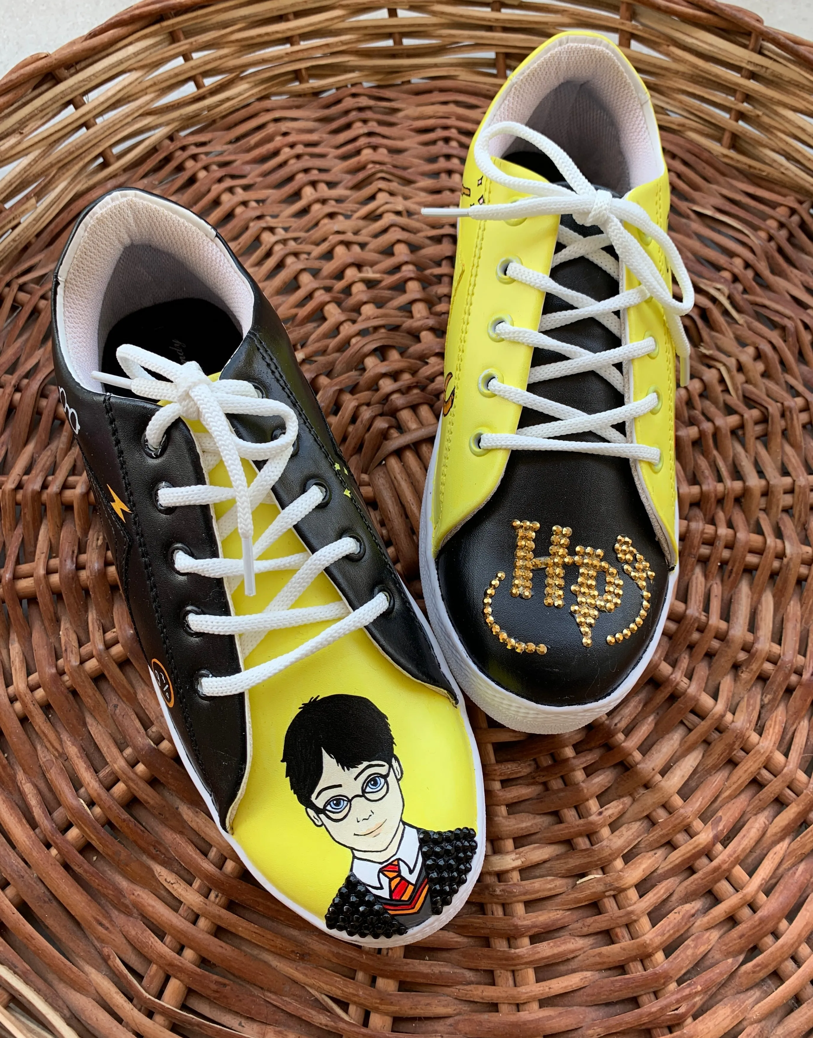 Funky N Trendy hand painted water resistant Harry Potter theme black sneakers / rhinestone shoes / black shoes / yellow shoes