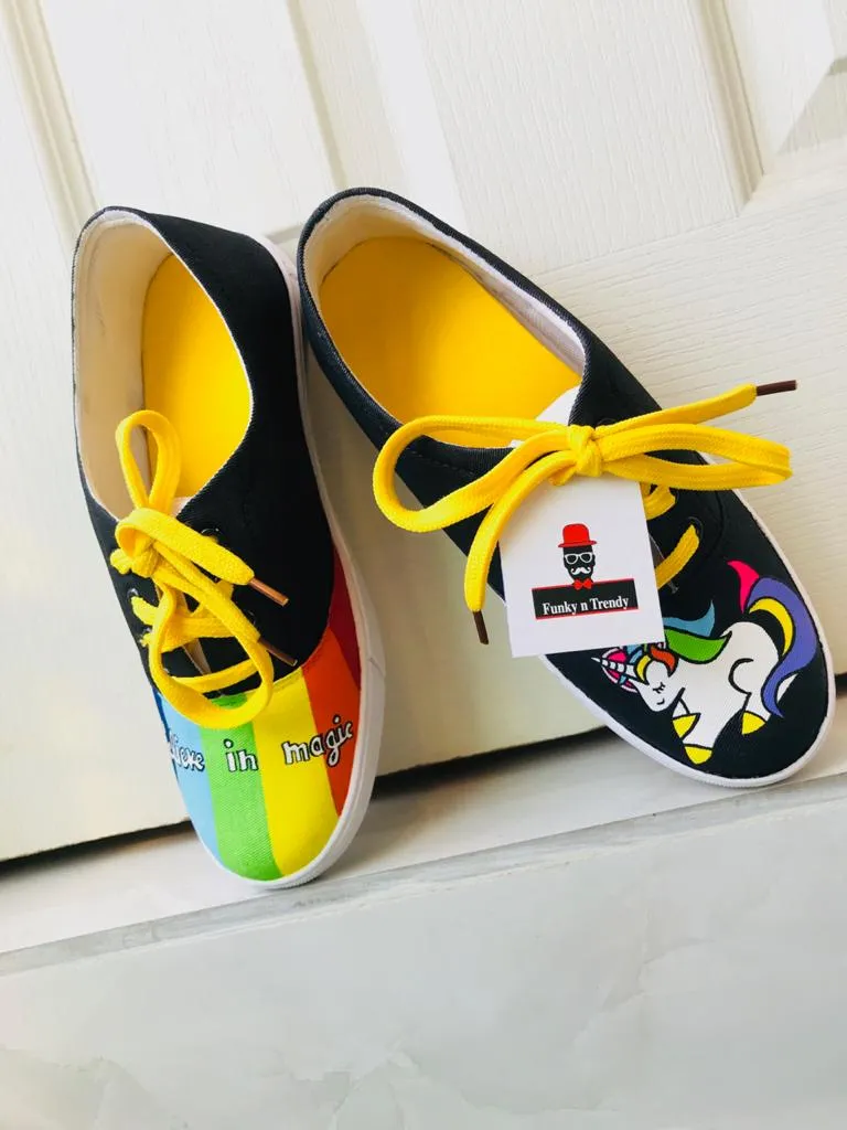 Funky N Trendy hand painted water resistant UNICORN theme black shoes