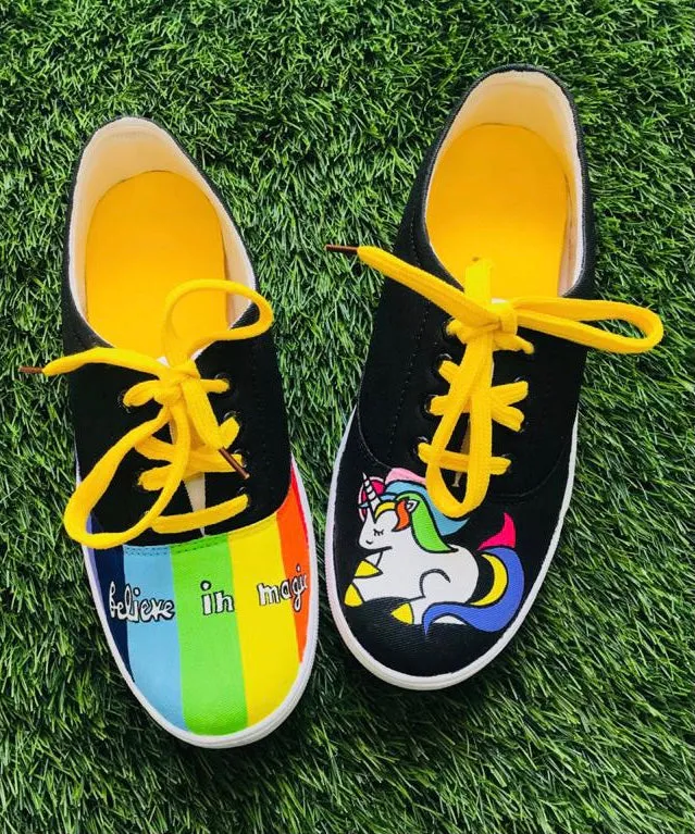 Funky N Trendy hand painted water resistant UNICORN theme black shoes