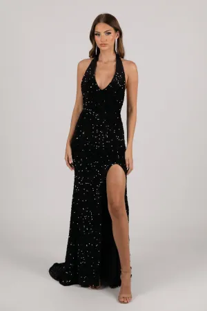 KENDALL Halter Neck Velvet Sequin Gown - Black