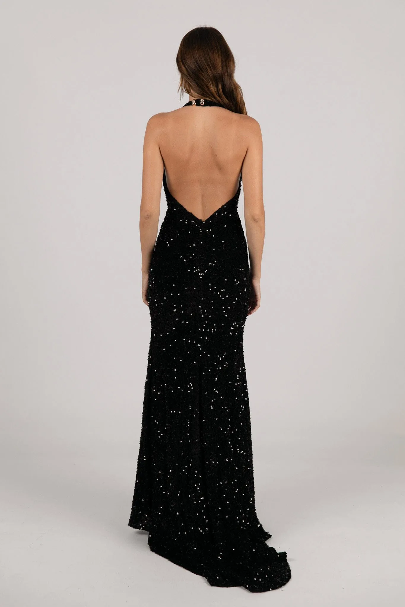 KENDALL Halter Neck Velvet Sequin Gown - Black