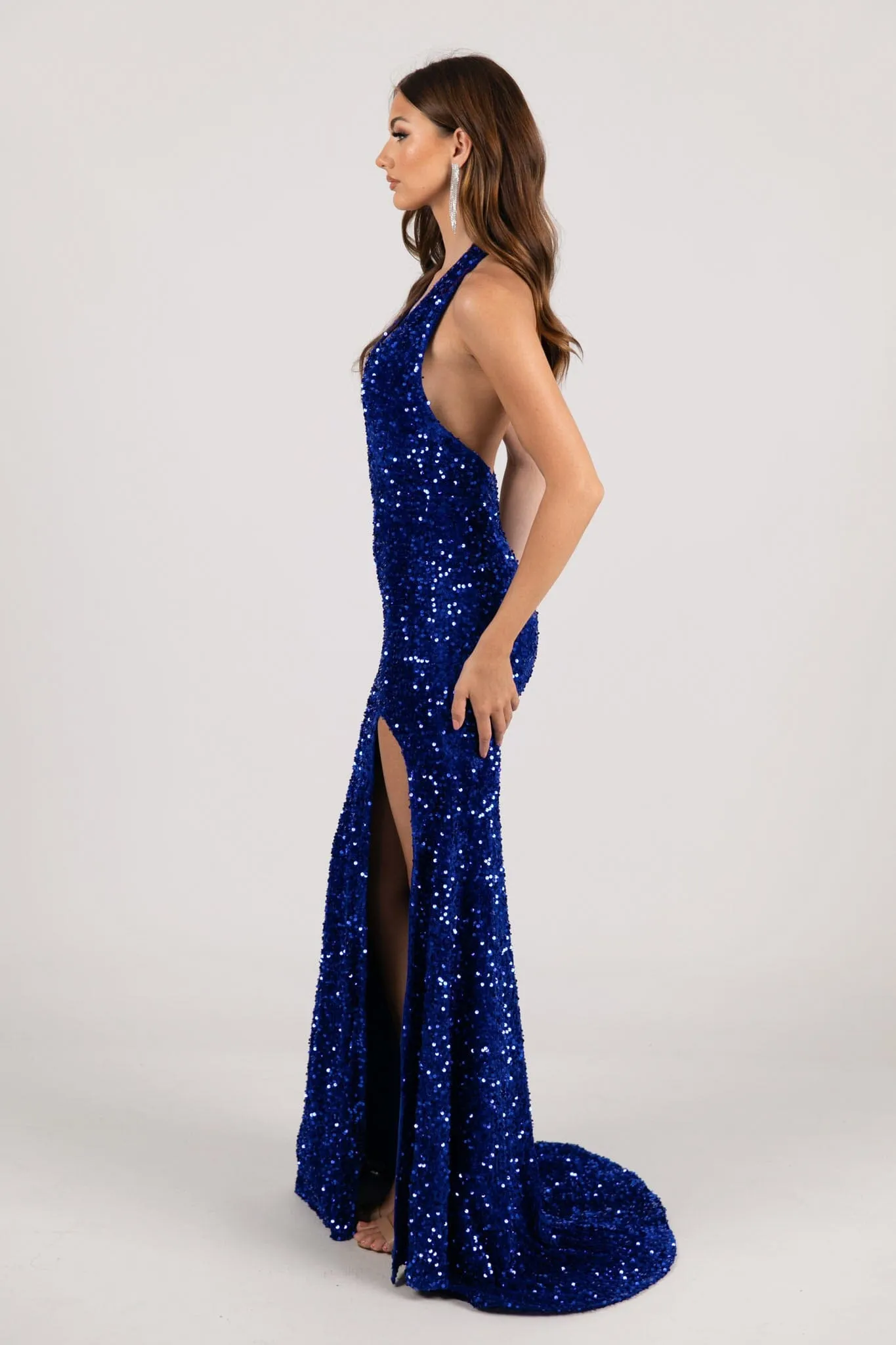 KENDALL Halter Neck Velvet Sequin Gown - Royal Blue