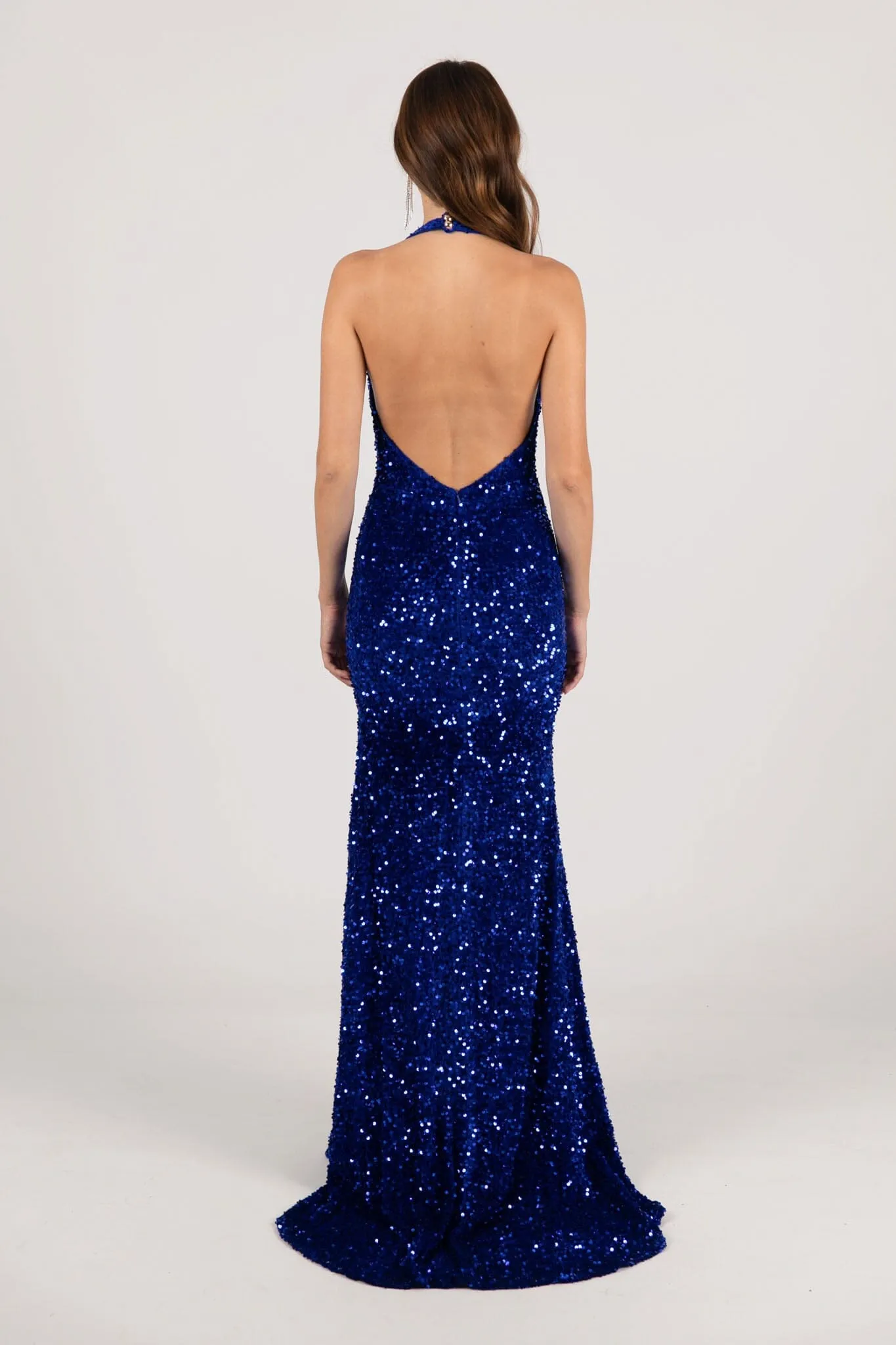 KENDALL Halter Neck Velvet Sequin Gown - Royal Blue