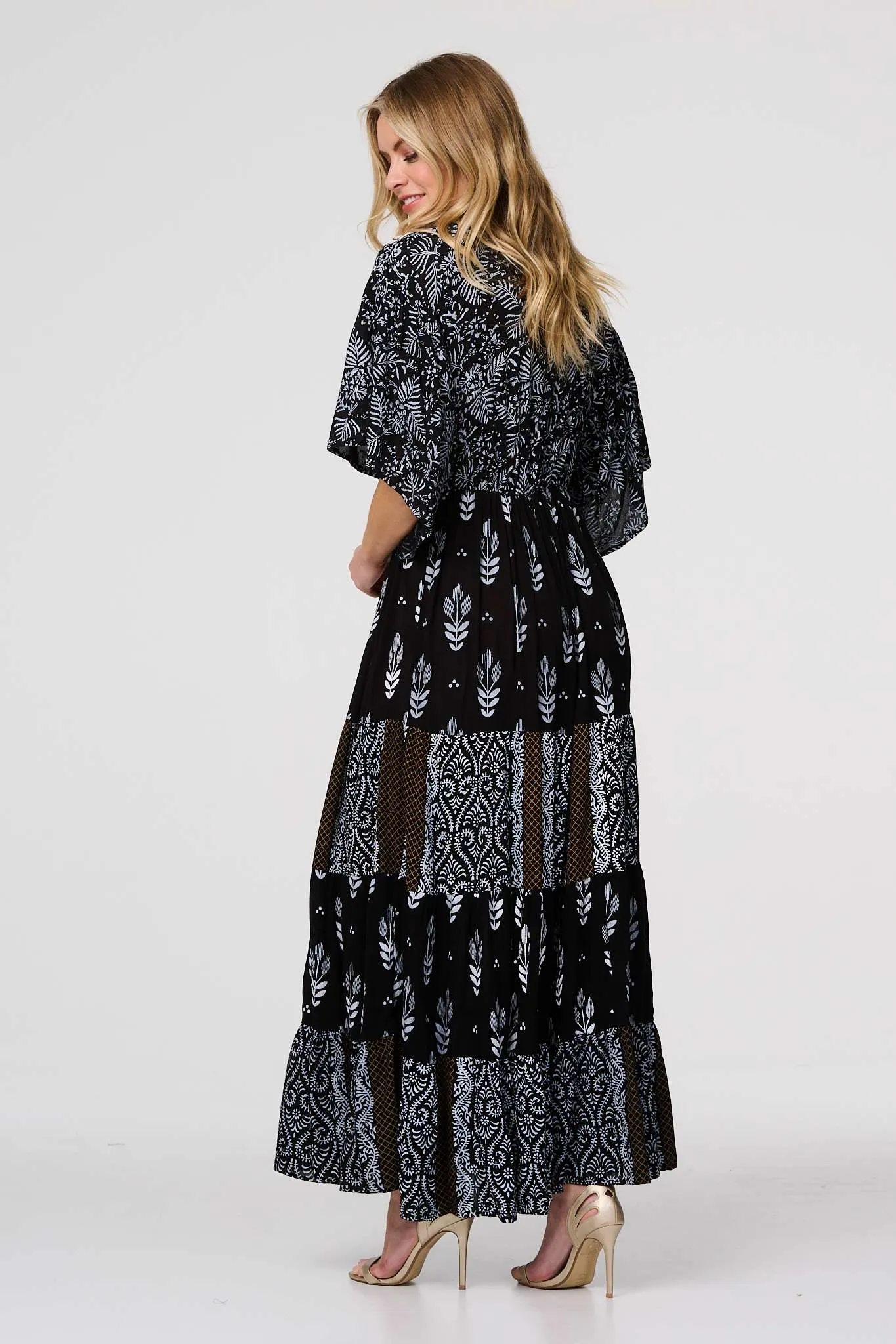 Leaf Print 3/4 Kimono Sleeve Maxi Dress