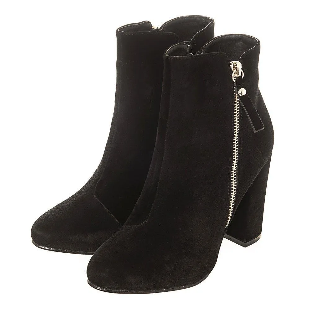 Medium Block Heel Ankle Boot With Soft Curved Toe And Side Zip