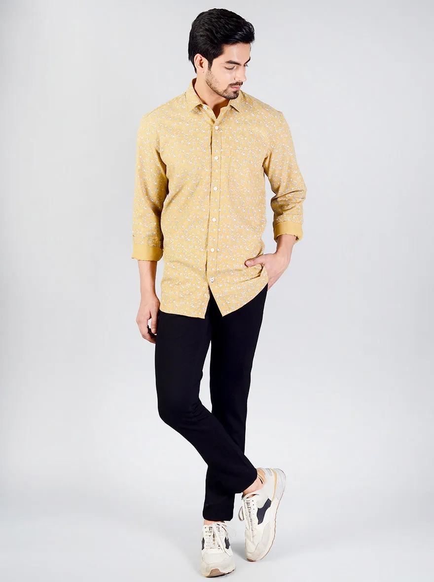 Ochre Yellow Printed Slim Fit Casual Shirt | JadeBlue