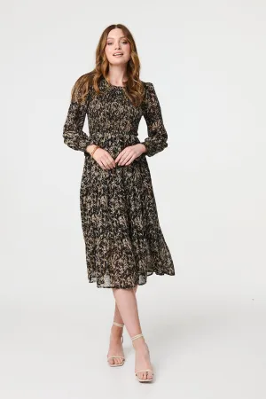 Printed Long Sleeve Semi Sheer Smock Midi Dress