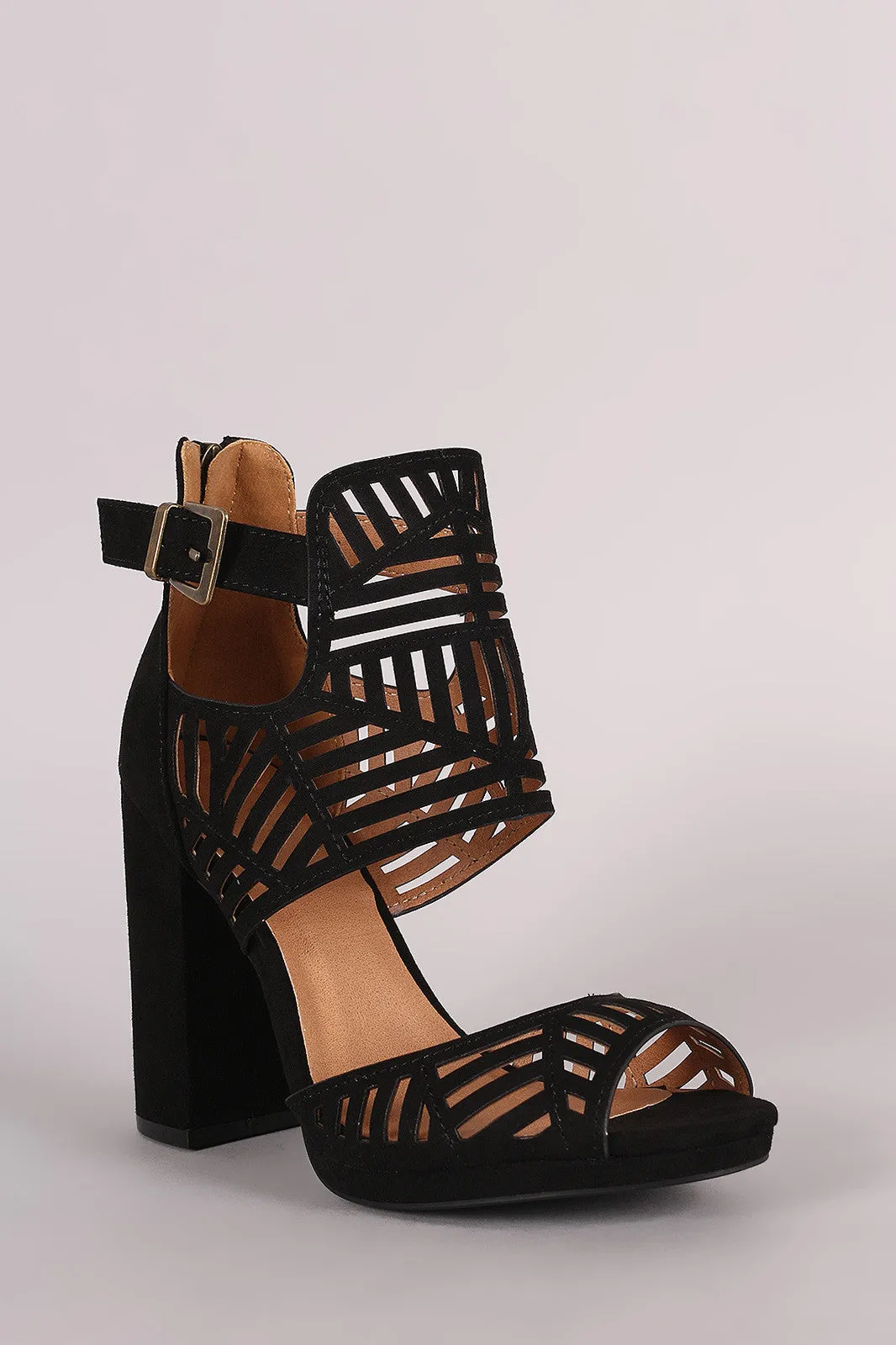 Qupid Perforated Ankle Cuff Peep Toe Chunky Heel