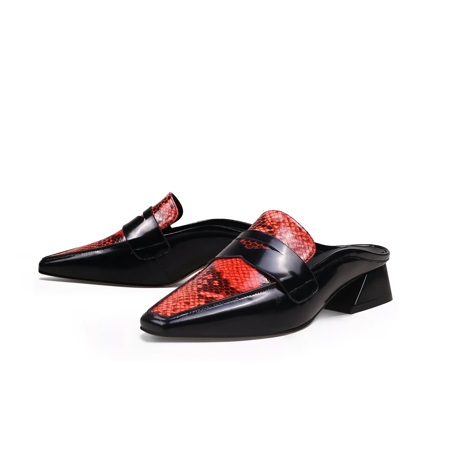 Trapezoidal Heel Faux Snakeskin Mules