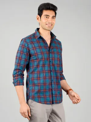 Turkish & Brown Checked Slim Fit Casual Shirt | JadeBlue